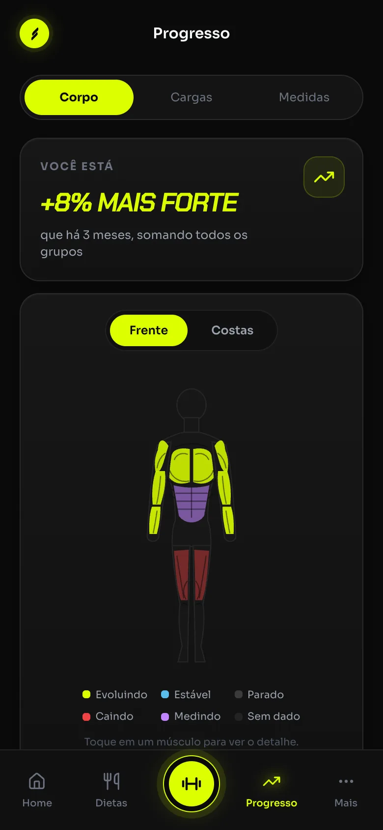Tela de progresso do app da Strongy: 8% mais forte em 3 meses, com mapa muscular