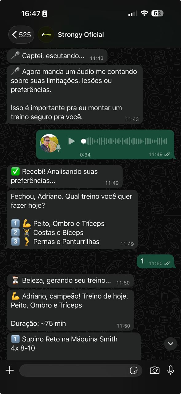 Áudio no WhatsApp explicando limitações para a Strongy adaptar o treino