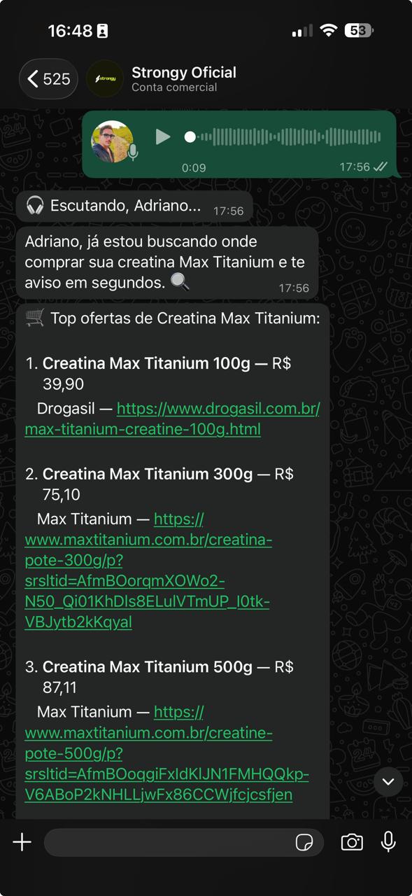 Áudio no WhatsApp pedindo comparação de produtos e suplementos